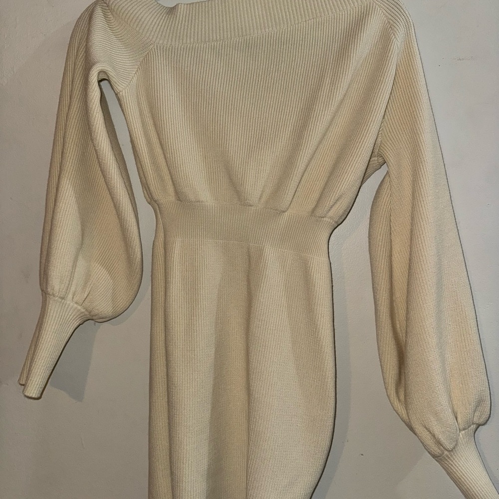 Cream Ribbed Knit Sweater Dress